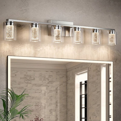 Applique murale en cristal avec luminaire de salle de bain à 6 lumières, applique décorative moderne en verre cristal bullé avec éclairage DEL à intensité variable 3 couleurs pour salle de bain, couloir, salon et dressing.