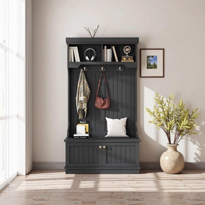 Arbre d'entrée 4 en 1 avec banc à chaussures de rangement, portemanteau noir avec crochets et tablettes de présentation pour le vestibule, le salon et le vestibule