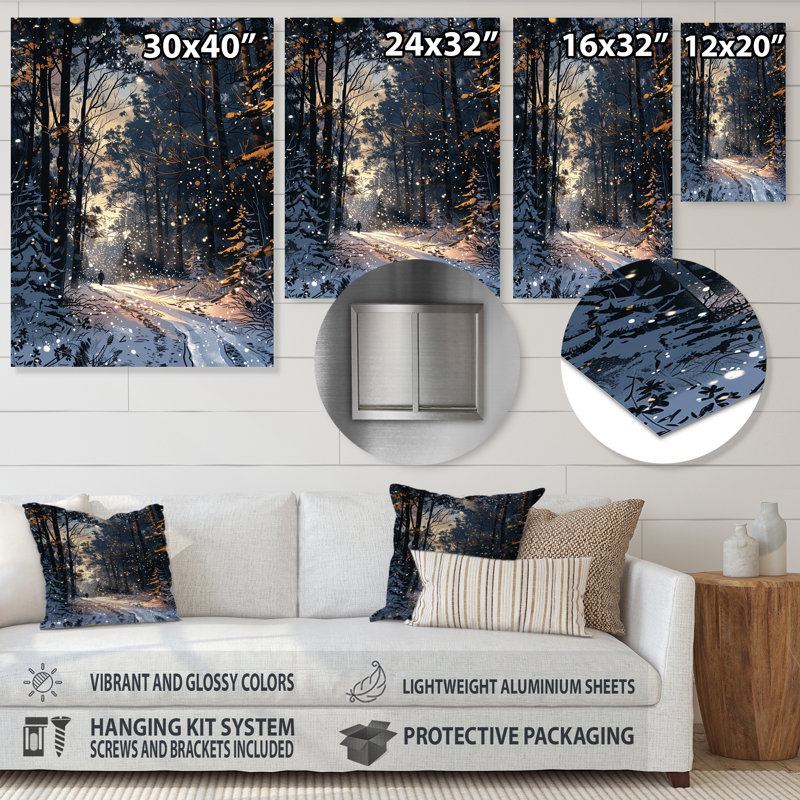 Chemin enneigé à travers la forêt d'hiver - forêt, art mural, Métal métal, H 32 po x l 16 po x P 1 po