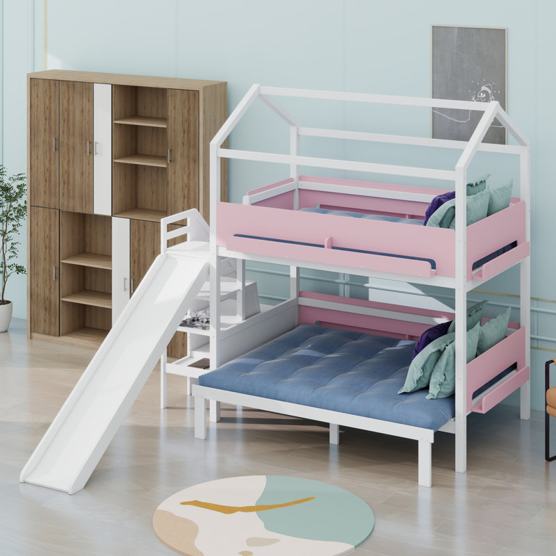 House-Shaped  Bunk Bed with Slide and Storage Staircase, White+Pink