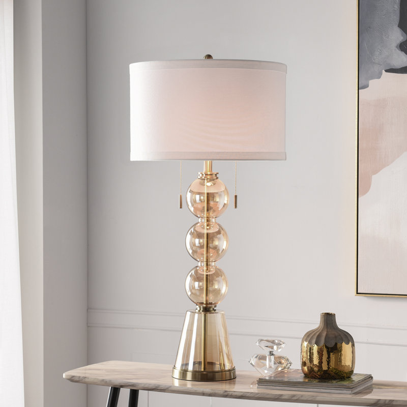 Lampe de table en verre - Cordon doré - Abat-jour blanc