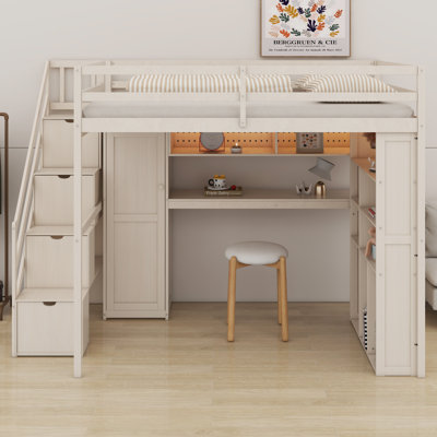 Structure de lit mezzanine multifonctionnelle - garde-robe intégrée, bureau d'étude, tablettes et lumières