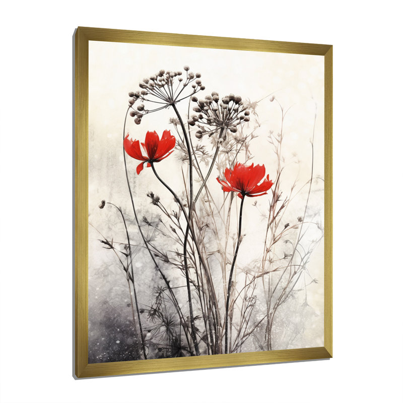 Décoration murale florale rouge et grise I, Doré, H 40 po x l 30 po x P 1 po, Cadre photo unique