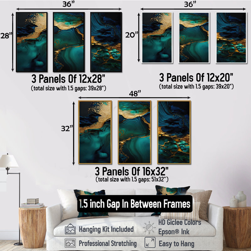 Géode abstraite, marbre vert et or - reproduction sur toile 3 pièces, H 28 po x l 36 po x P 1 po, Cadre flottant noir