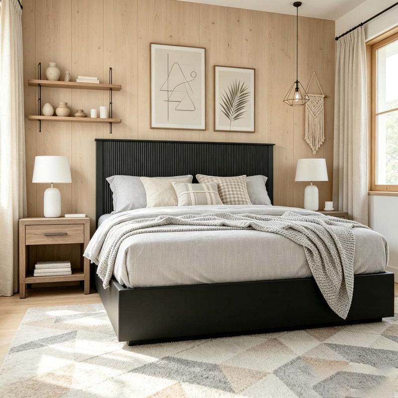 Solid Wood Bed Frame, Black, Queen