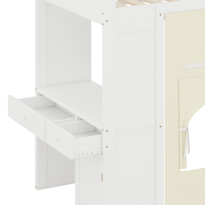 Lit mezzanine avec bureau, casiers, deux tiroirs intégrés, escalier de rangement et rideau