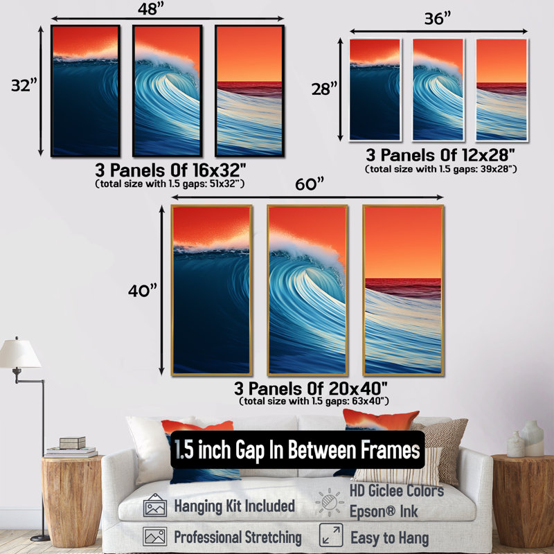 Minimalisme bleu et orange vague lever de soleil - ensemble de décoration murale bord de mer, Cadre naturel flottant