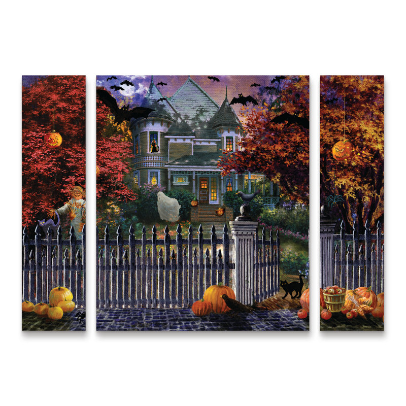 Ensemble de 3 panneaux d'art Nicky Boehme «Halloween House», H 24 po x l 32 po x P 2 po