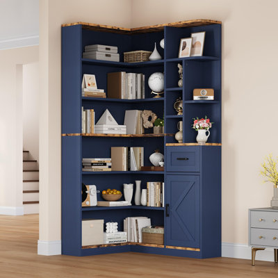 74" Tall L-Shaped Corner Bookshelf, 6-Tier Corner Bookcase with Storage Cabinet and Drawer, Freestanding Corner Shelf for Living Room, Bedroom, Home Office