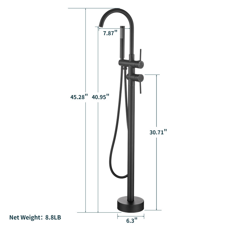 1 Handle Floor Bath Shower Mixer Bath Filler with Diverter, Black