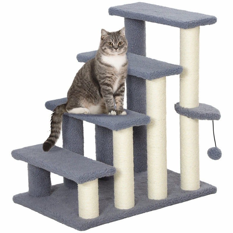 Escabeaux pour chat 4 niveaux, escaliers pour animaux avec poteaux à griffes et ballon de jeu suspendu PawHut