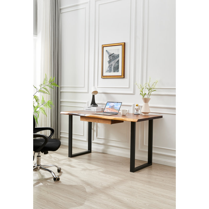 Live Edge Desk with U Shaped Legs and South American Walnut, with Drawer Storage, 29.5" H x 58" W x 28" D