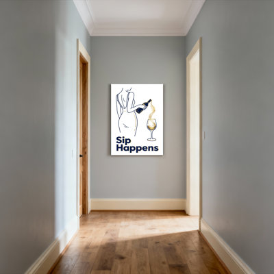 Sip Happens Wine Pouring Woman Line Art, impression sur toile tendue sur toile, ensemble de 1