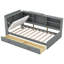 Lit plateforme simple avec tête de lit, dossier rembourré, tablettes et 2 tiroirs, bois gris