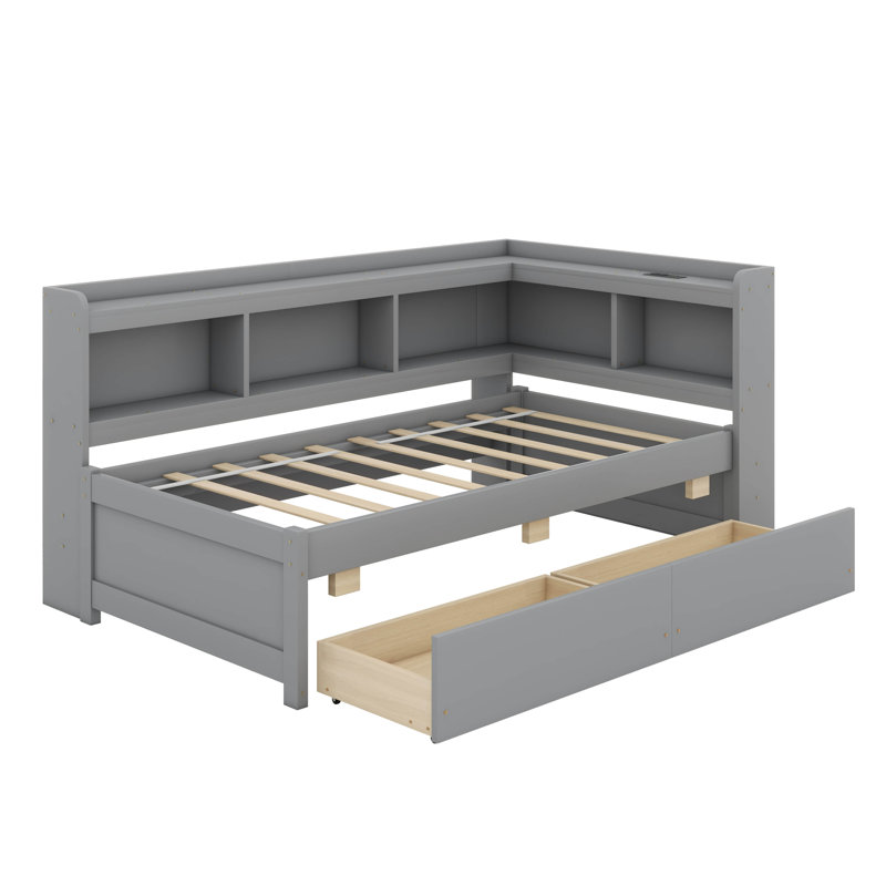 Lit de jour simple avec tiroirs de rangement, base de lit d'angle avec bibliothèque en L, prises de courant et ports de charge USB