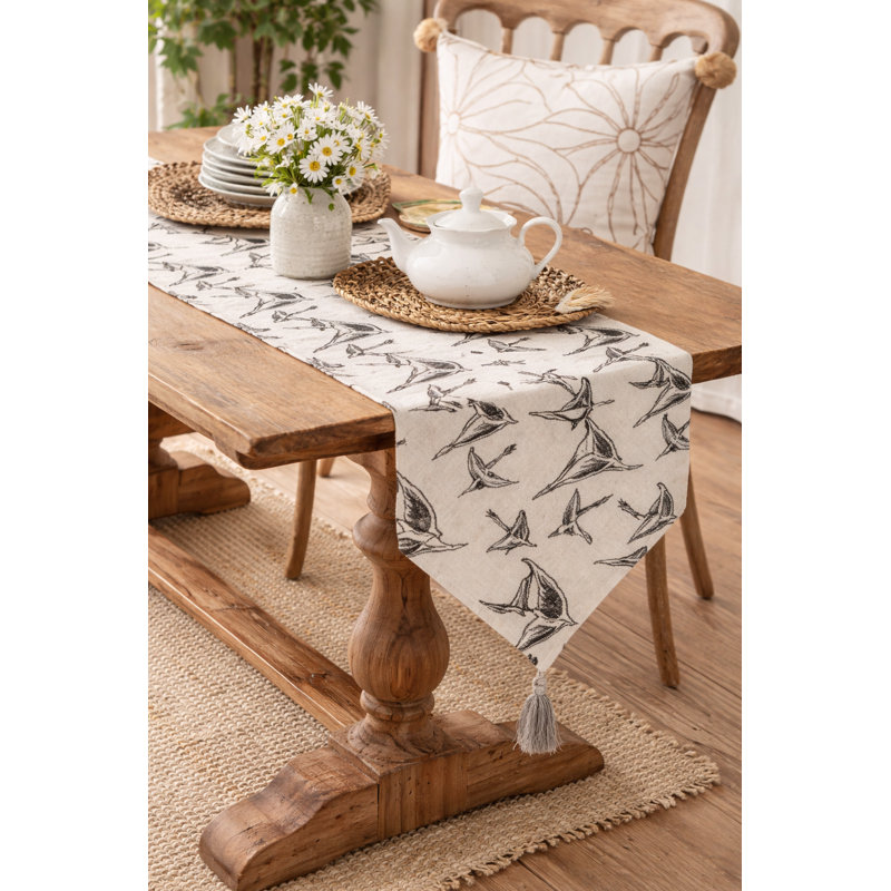 Chemin de table réversible en coton noir 14 po x 72 po avec pampille