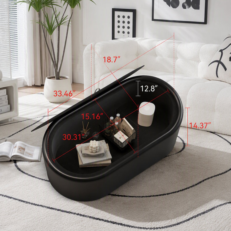 Table basse ovale avec rangement dissimulé, 30.97 lbs, Black