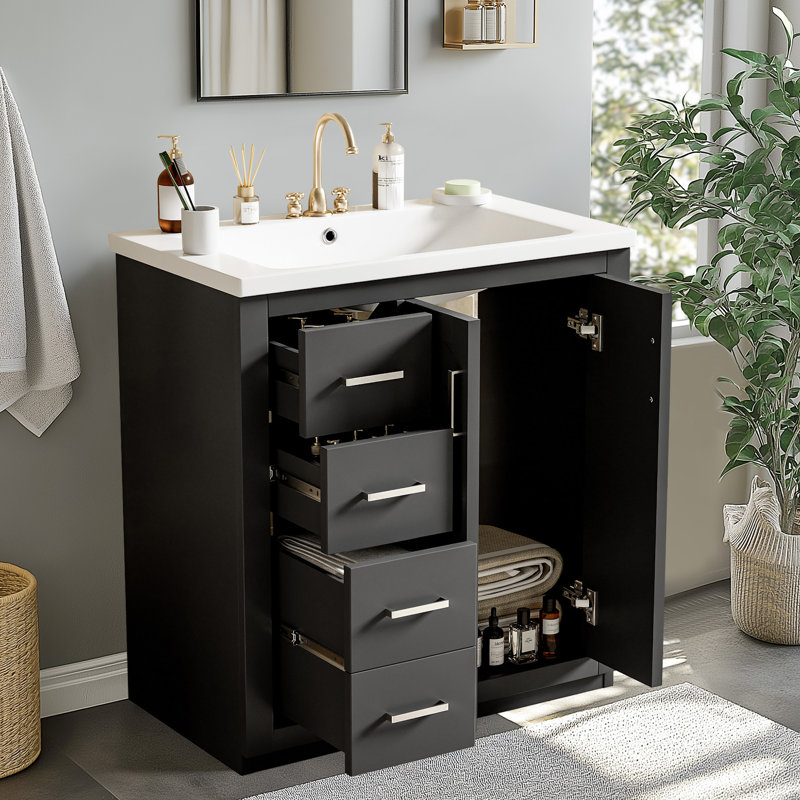 30'' Bathroom Vanity With Ceramic Sink Combo,Solid Wood Frame Bathroom Storage Cabinet, Black