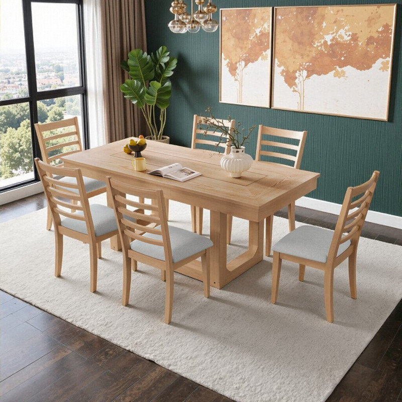 Ensemble de table de salle à manger extensible 7 pièces avec 6 chaises rembourrées, Beige, naturel