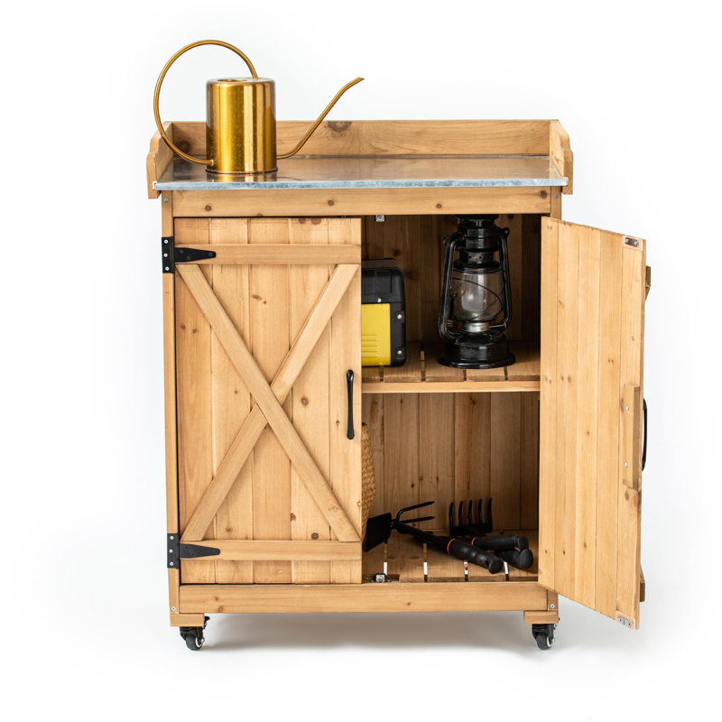 Banc de rempotage extérieur en bois avec roulette, armoire de rangement extérieure et table de travail de plantation horticole
