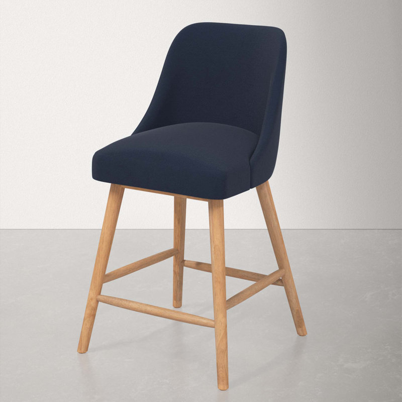Tabouret Gallie, Bois naturel, Tabouret de comptoir (siège d'une hauteur de 27 p, Velours performance encre classique