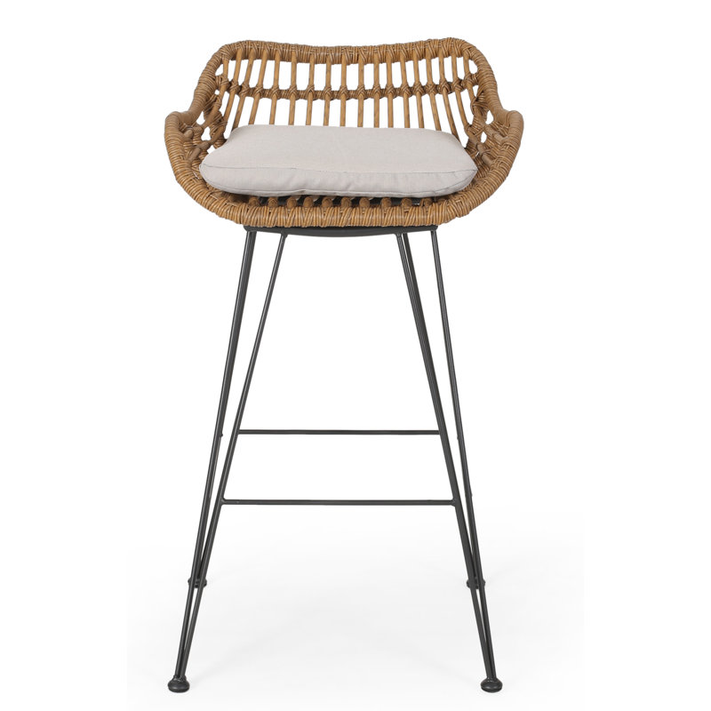 Endicott Wicker Outdoor 30'' Bar Stool with Cushion, Light Brown Frame / Biege Cushion