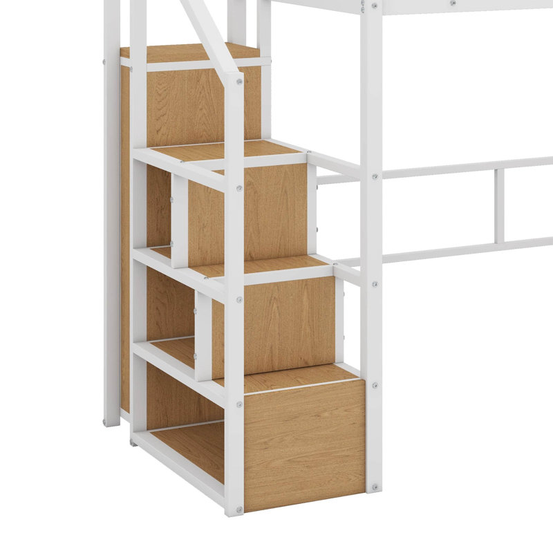 Twin Size Metal Loft Bed With Built-In Work Station, Wardrobe,LED And Storage Staircase