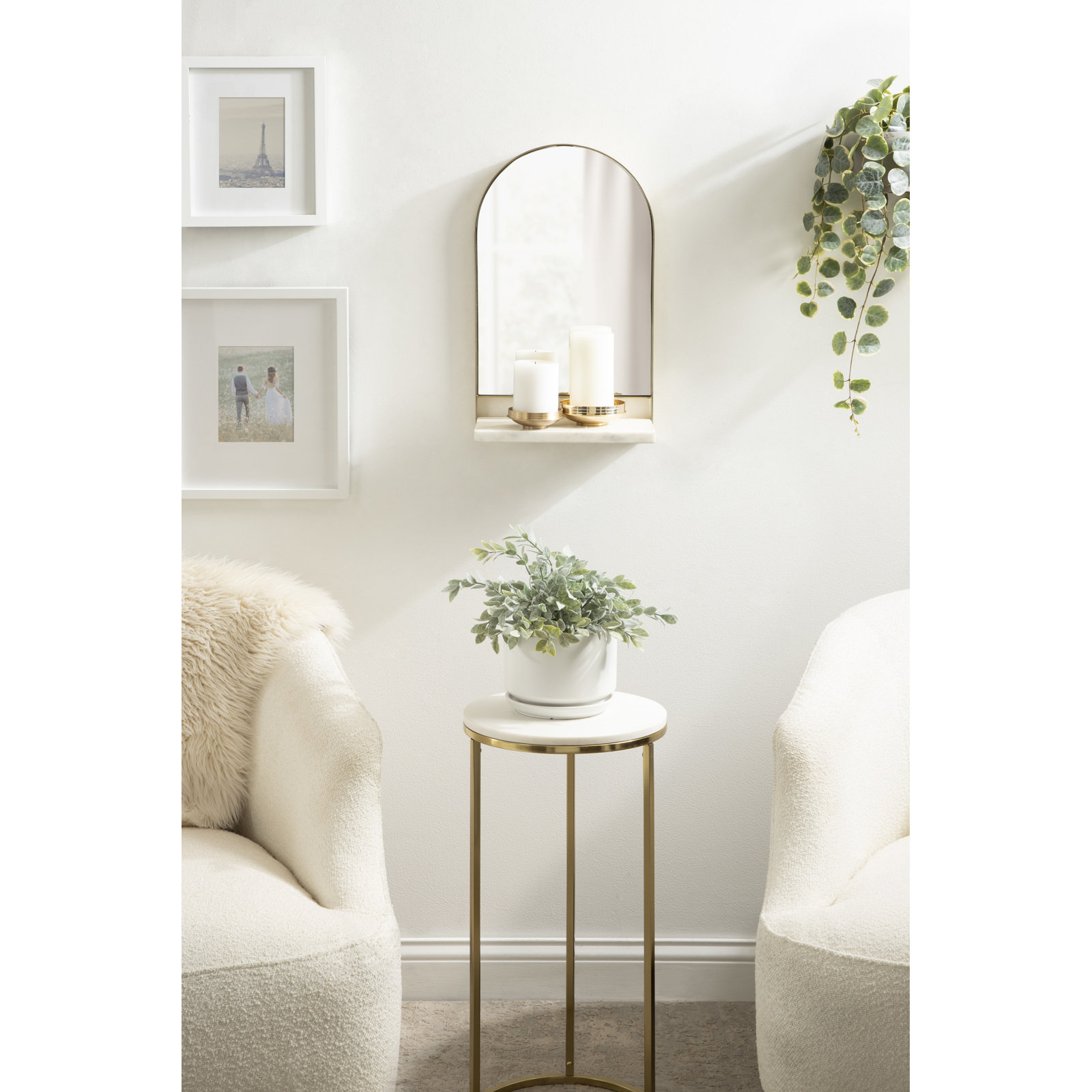 Cielo Arch Mirror with Shelves, Gold/White, 34" x 20"