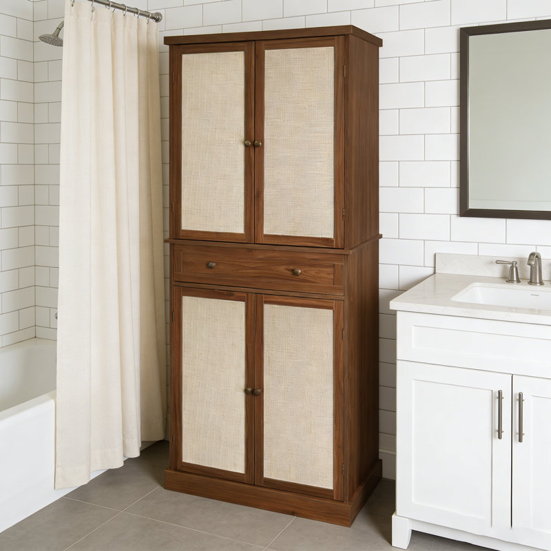72"Tall Bathroom Storage Cabinet With4 Rattan Doors , 1 Drawers & Adjustable Shelves, Pantry, Linen, Brown