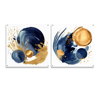 Dark Blue & Gold Abstract Circle Texture VI - Abstract Geometric Acrylic Wall Art Glass Set Of 2