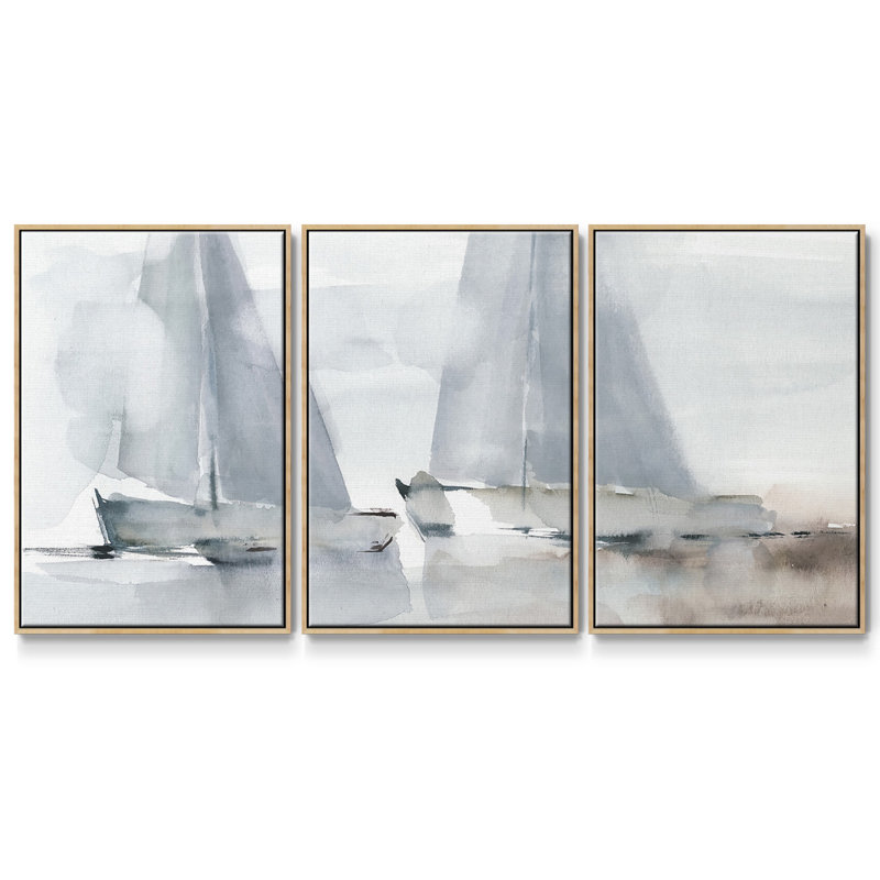 «Misty Sails I», reproduction sur toile 3 pièces, H 36 po x l 75 po x P 2 po, Naturel