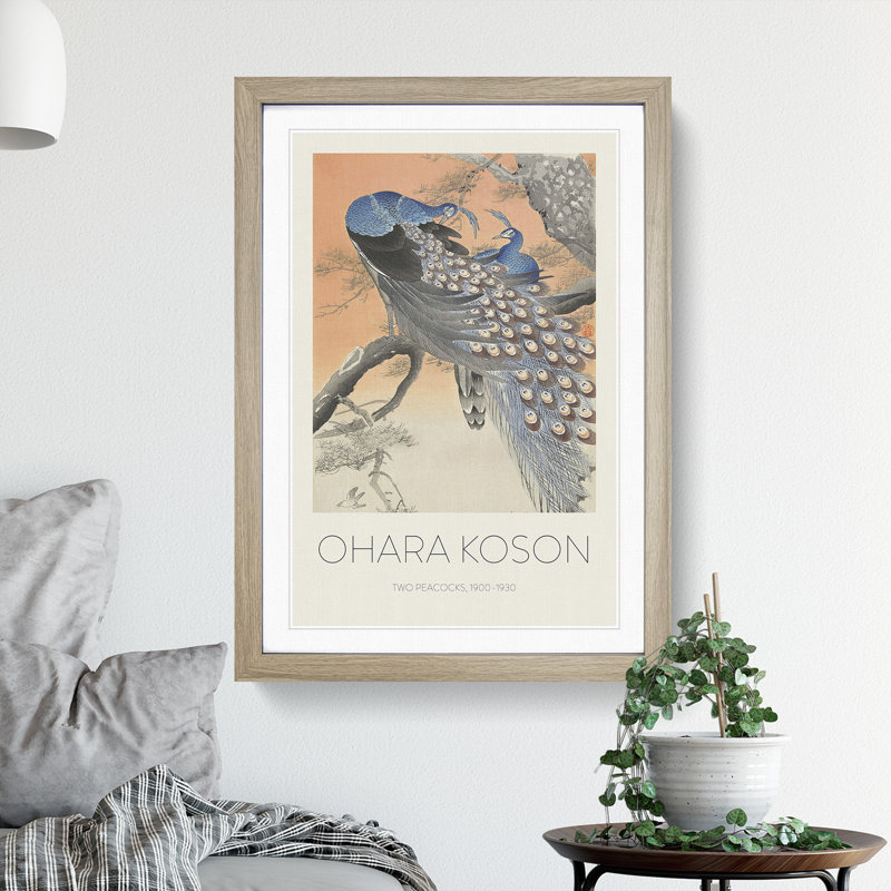 Two Peacocks by Ohara Koson - Picture Frame Art Prints, Oak, 65cm H x 48cm W x 2cm D