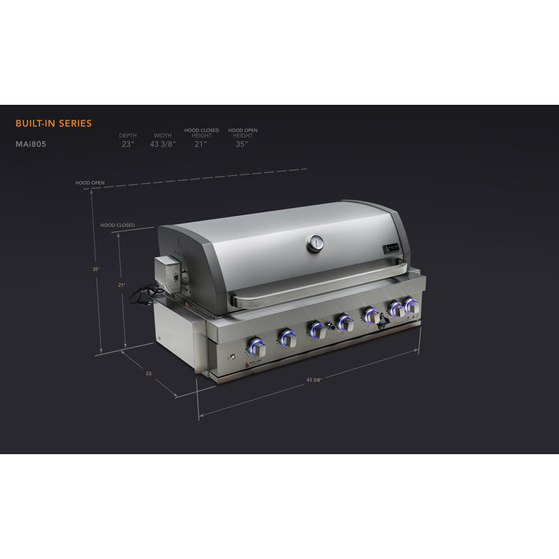 Îlot de cuisine extérieur en acier inoxydable à 6 brûleurs de qualité supérieure de 44 po x P 23 po x H 21 po Mont Alpi avec barbecue au propane intégré avec brûleur arrière infrarouge + plateau à graisse amovible + ensemble de rôtisserie + housse + convertible au gaz naturel + garantie à vie - MABi805