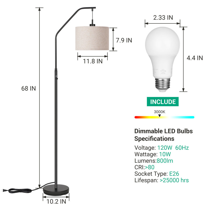 Mccurry 68" Arched Dimmable Floor Lamp With Bulb, Sleek Black