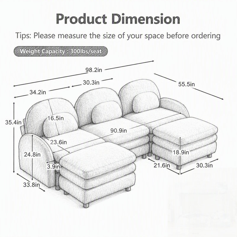 Canapé 3 places en tissu Teddy effet nuage avec dossier incurvé, accoudoirs et coussins lombaires, sectionnel modulable avec 2 poufs amovibles