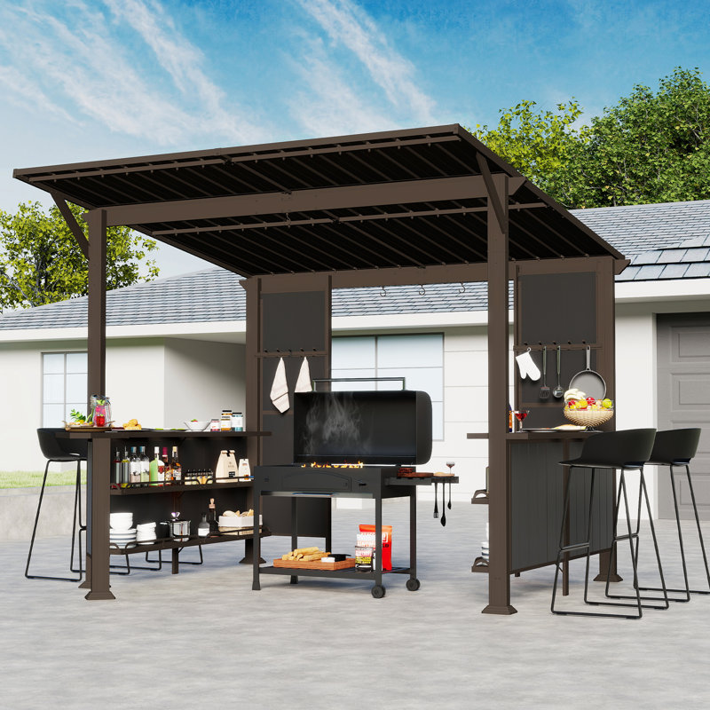 9 x 10 FT Iron Gazebo with Extended Countertop & Sloped Roof, Brown