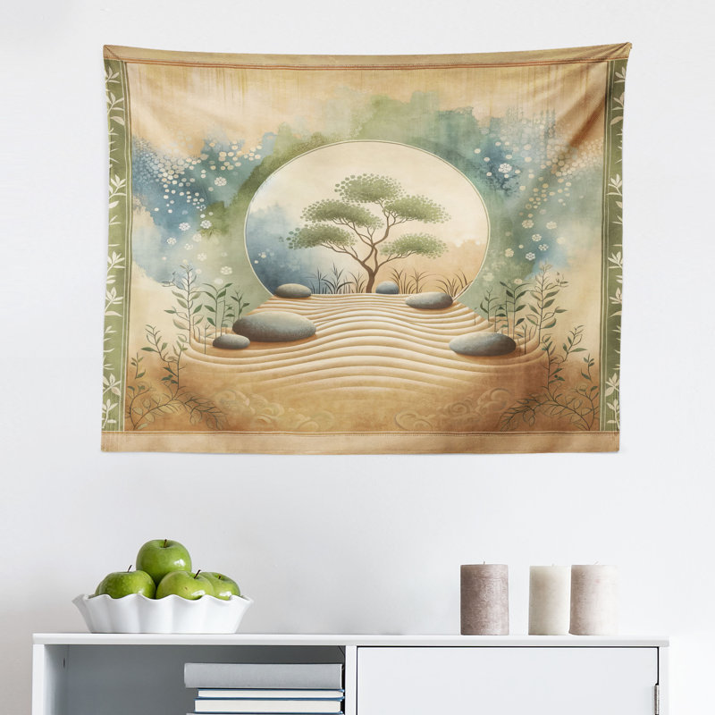 Highland Dunes Peacefulness Wall Hanging Tapestry Stones Sand and Tree Camel Reseda Green Blue, H 30 po x l 45 po