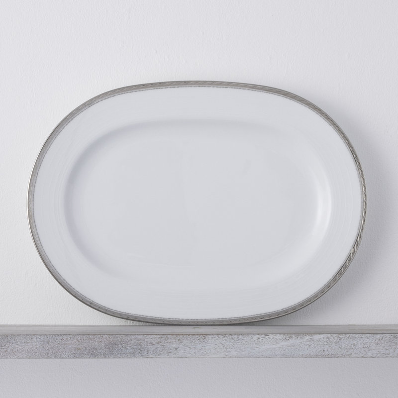 White Ceramic Oval Serving Platter with Platinum Trim