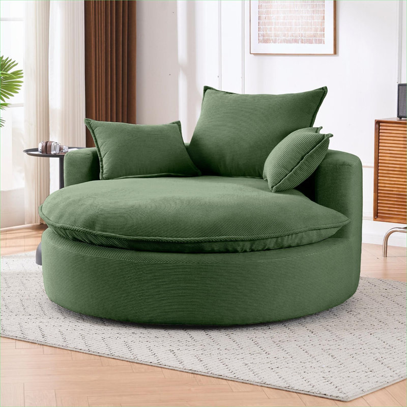 Fauteuil d'appoint surdimensionné vert en velours côtelé pivotant à 360 ° pour une détente confortable dans les espaces de vie