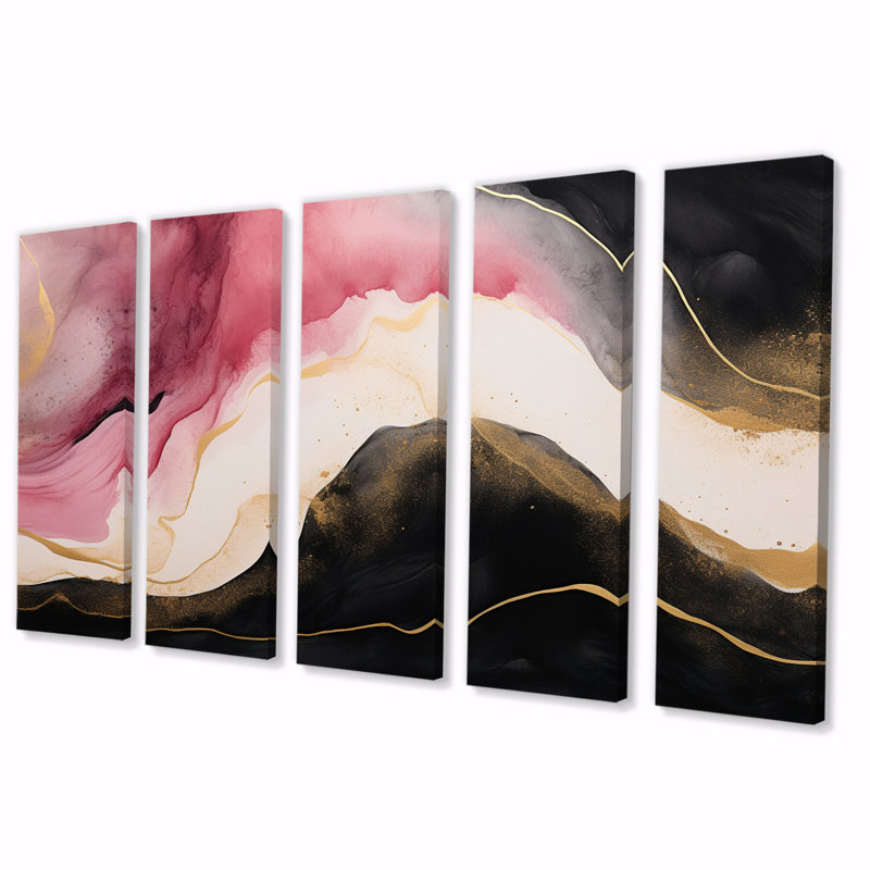 Abstract Gold Wave Pink And Black - Abstract Wall Art Living Room - 5 Equal Panels