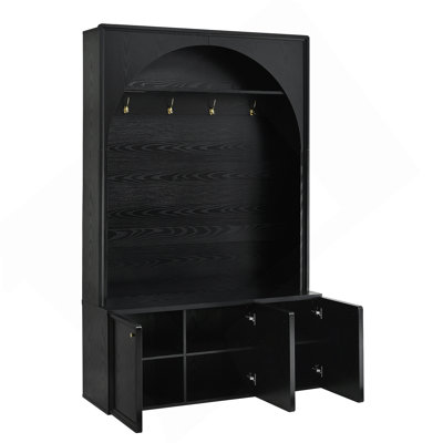Farmhouse All-In-One Hall Tree With Adjustable Shelves, Retro Arched Entryway Storage Bench With 3 Cabinets, Wooden Coat Rack Organizer With 4 Golden Hooks For Mudroom, Hallway, Black