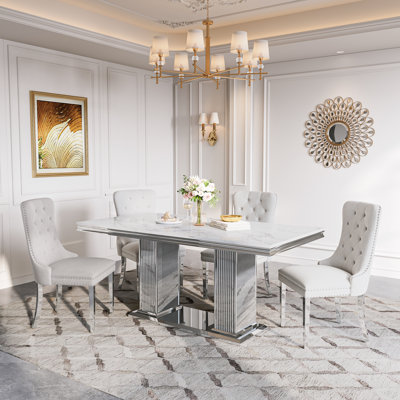 Metal And Faux Marble Rectangular Dining Table With 6 Velvet Upholstered Nailhead Dining Chair