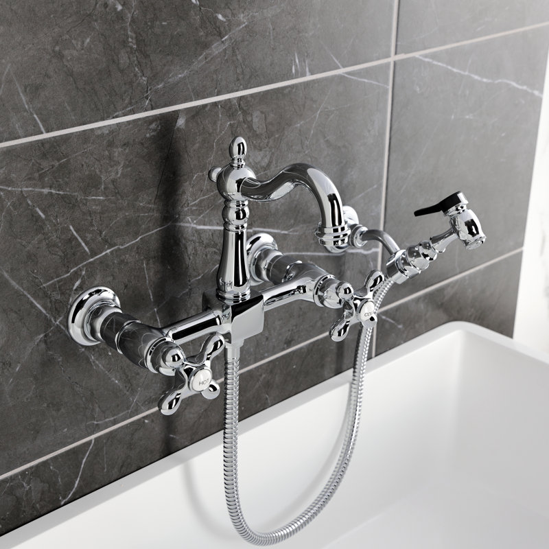 Kingston Brass Heritage Double-Handle 3-Hole Wall-Mount Bridge Kitchen Faucet with Brass Sprayer, Polished Chrome