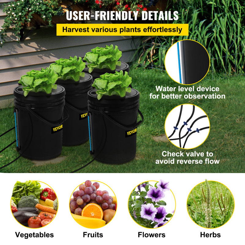 Black 5 Gallon 4-Bucket Hydroponic System for Indoor/Outdoor Use