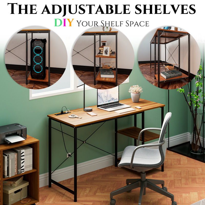 Desk with Shelves, Small Computer Desk with Charging Station, Study Table, Writing Desk, Bedroom Desk with Metal Frame, Rustic Small Office Desk for Home, Walnut