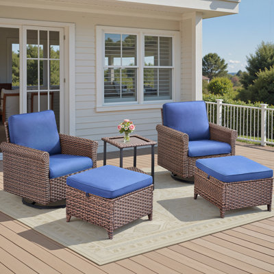 Ensemble de salon d'extérieur 5 pièces de qualité supérieure, 2 fauteuils coulissants pivotants à 360 ° ergonomiques, 2 repose-pieds multifonctionnels et 1 table d'appoint élégante à 2 niveaux, meubles en osier PE pour la terrasse, le jardin, la cour et la piscine