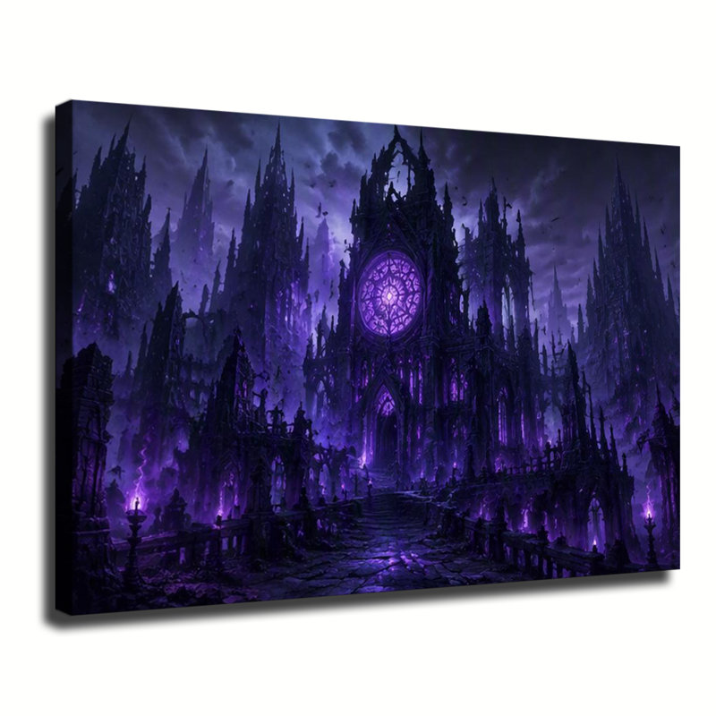 Château gothique sombre avec vitraux violets lumineux - Toile murale fantastique et effrayante pour l'Halloween, 20x24in
