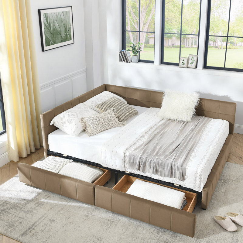 Structure de lit capitonnée avec rangement, canapé-lit avec dossier et accoudoirs confortables, lit pour chambre à coucher, salon, velours