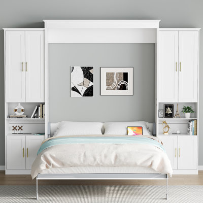 Murphy Bed With Storage Cabinet Shelves, Queen Wall Bed And USB Port