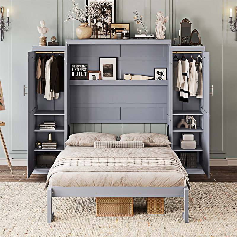 Murphy Bed Wooden Wall Bed With  Wardrobe And Storage Shelf, Gray, Full